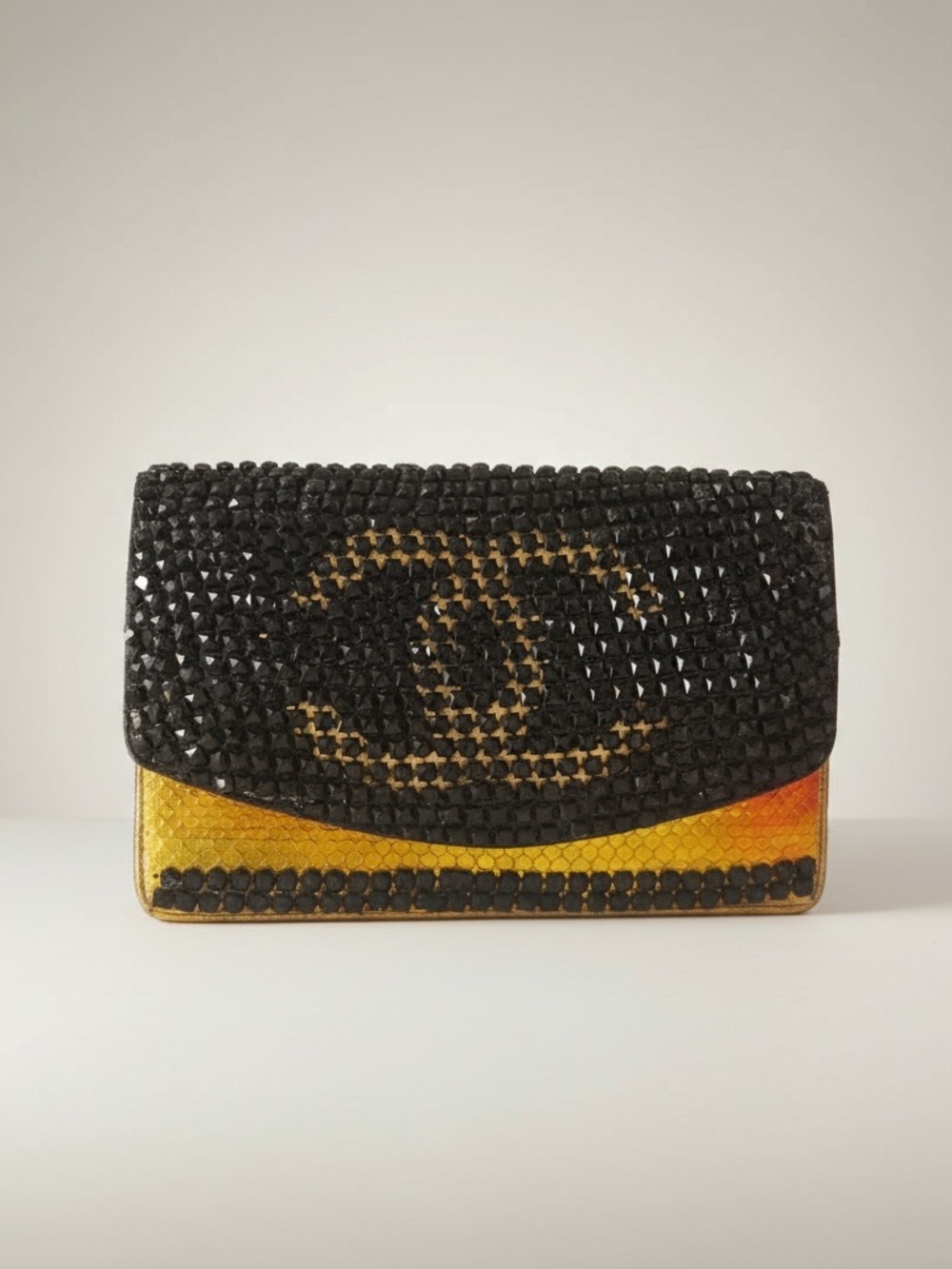 CHANEL Black and Yellow Studded Flap Clutch - Picture 1 of 7